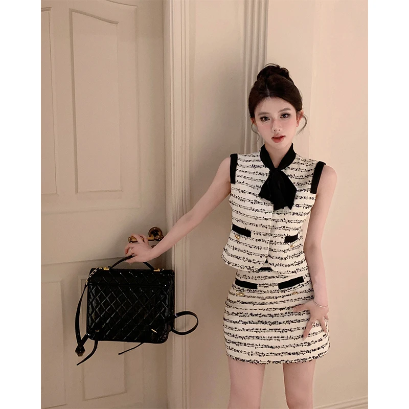 

Small Fragrant Skirt Suit Tweed Short Tank Tops Two Piece Set Female 2023 Summer Fashion Skirt for Women Korea Fashion