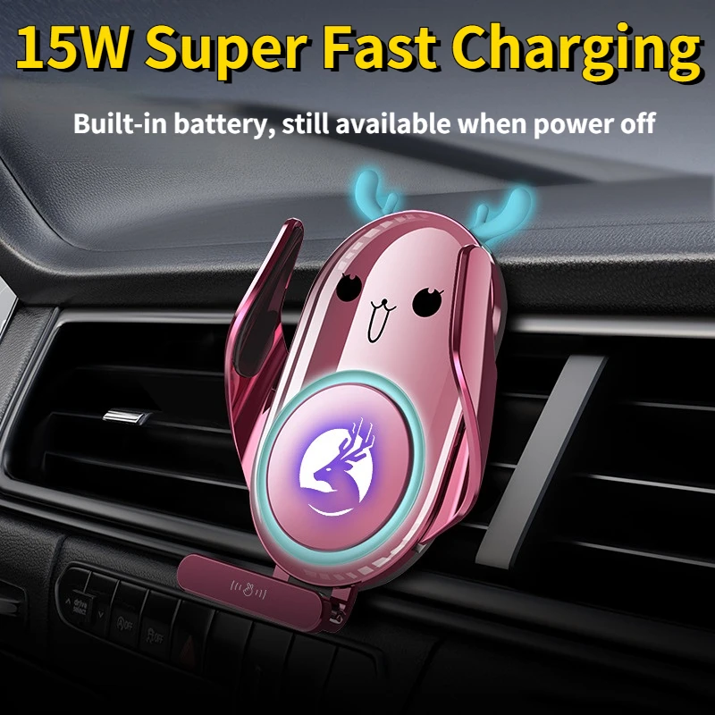 

15W Kawaii Car Wireless Charging Mobile Phone Holder for Girls Pink Car Accessories Auto Phone Navigation Bracket