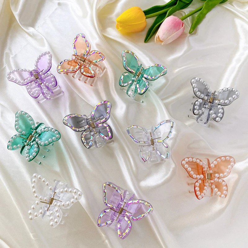 

Transparent Butterfly Hair Claws Hair Catch Colored Diamond Pearls Medium Hairpin Grabs Acrylic Shark Clip For Women 2022 Summer