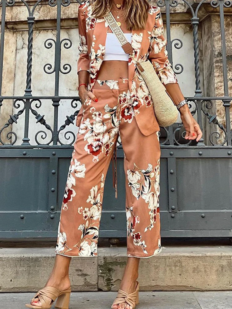 

Elegant Pattern Printed Two Piece Suits Casual Half Sleeve Blazer Coat and Straight Pants Outfits Office Lady Fashion Loose Sets