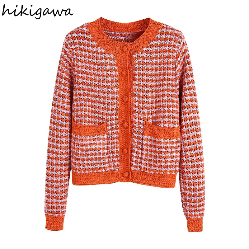 

Hikigawa O Neck Single Breasted Plaid Crochet Knit Sweater Jacket Vintage Long Sleeve Cardigan Women Chic Tops Mujer