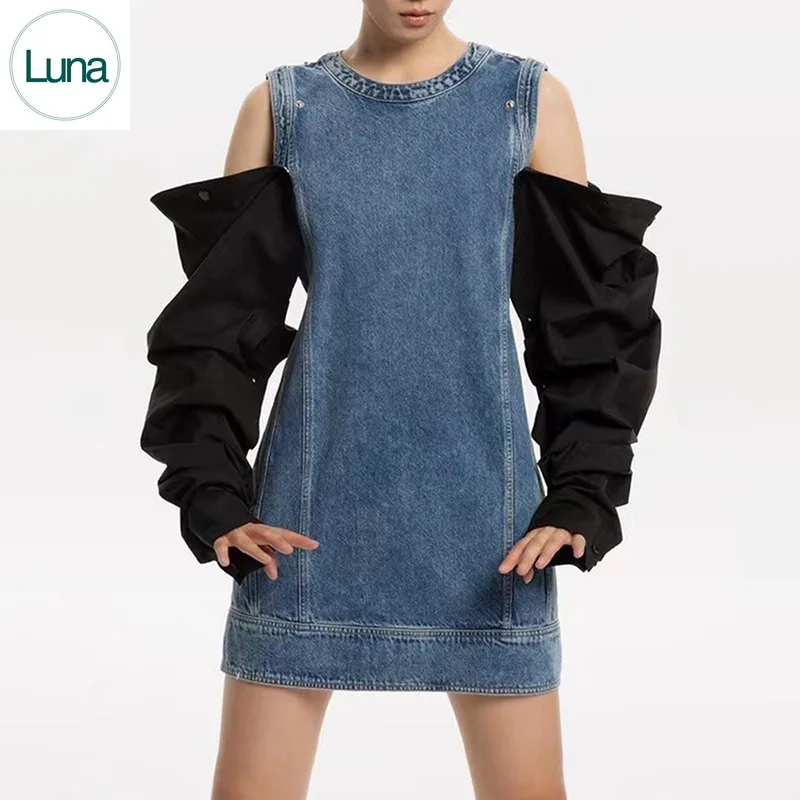 

Женское джинсовое платье с круглым вырезом, короткое джинсовое платье с рукавами-фонариками, подчеркивающее индивидуальность, осень 2023