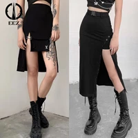 goth dark punk style black sexy midi skirts gothic slit hem high waist patchwork women grunge pencil skirt fashion streetwear
