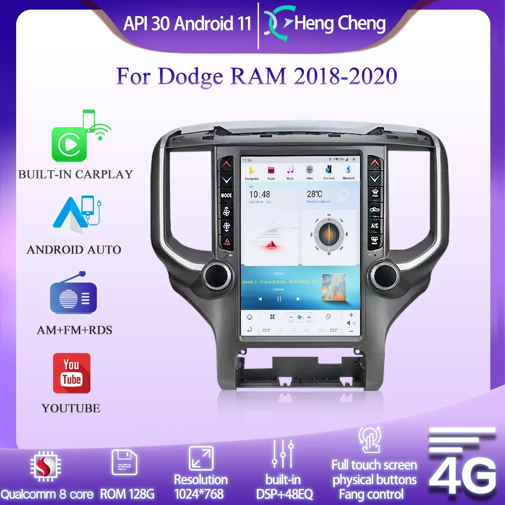 

Умный мультимедийный видеоплеер 12,1 дюйма для Dodge Ram 2018-2020, GPS-радио, 4G, 5G, навигация для CarPlay, Snapdragon 8 Core, 128G, Android 11