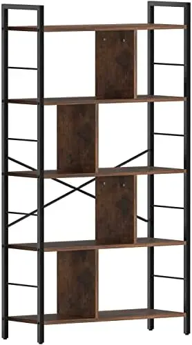 Tier Tall Bookshelf, Industrial Book Shelf Storage Bookcase, Open Wood Display Shelves, Corner Book Case Metal Shelving Unit for