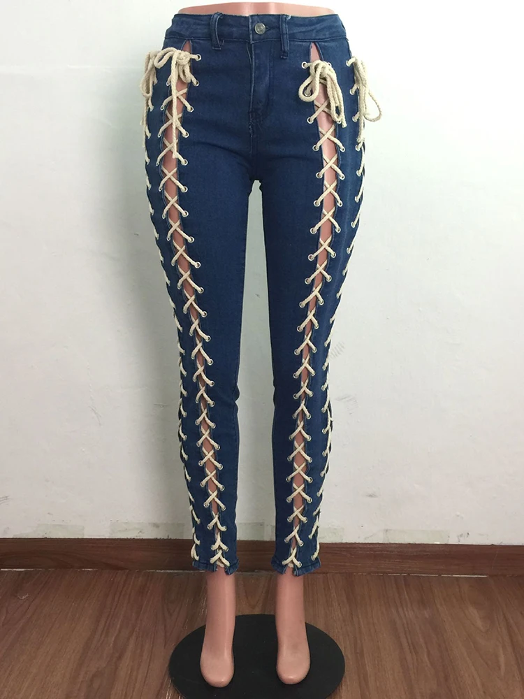 Sexy Bandage Denim Pencil Pants Women Side Lace Up Ripped Hollow Out Fashion Y2K Bottoms High Waist Jeans Long Trousers