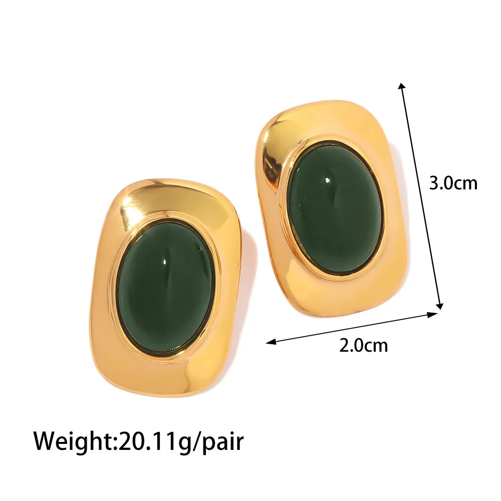 Stainless Steel PVD 18K Gold Plated Tarnish Waterproof Big Green Stone Stud Earrings For Woman Jewelry Wholesale Trendy