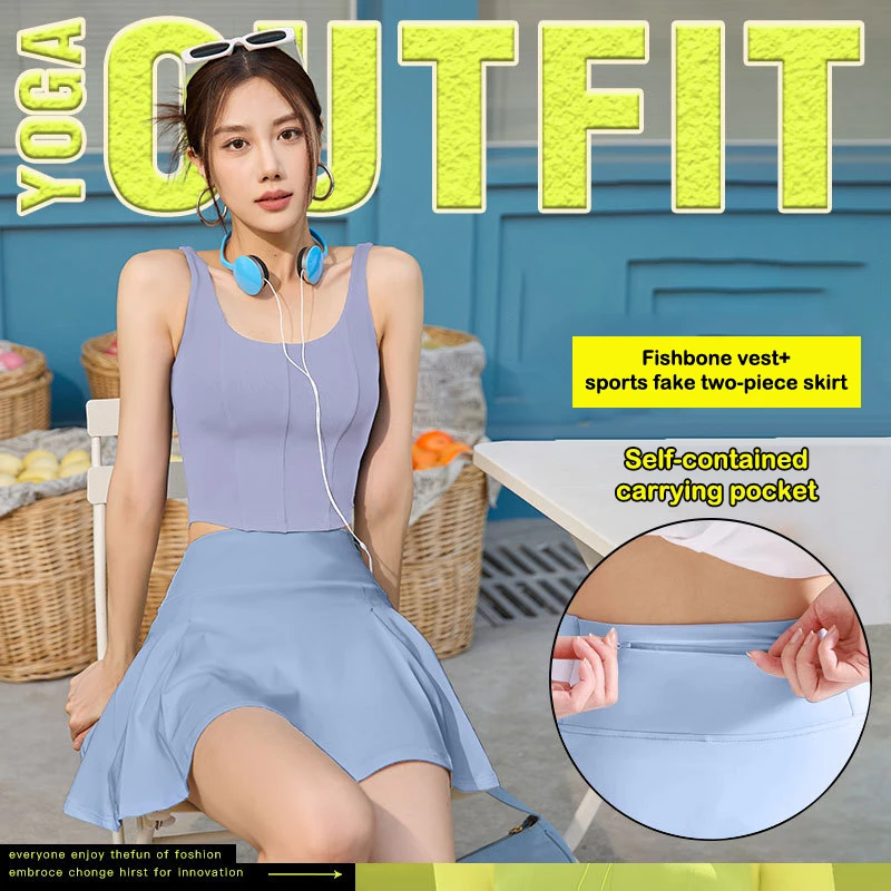 

2Pcs/set Women Yoga Suit Sport Tank Skirt Clothing Quick Dry One-piece Bra Top Sportswear