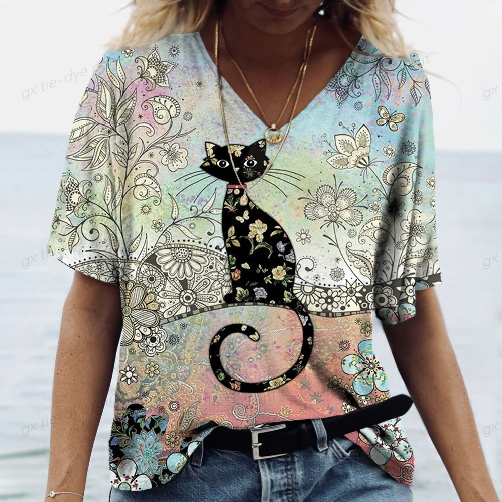 

Fashion Woman Blouses 2023 T-shirt Women's 3d Cats Print Black Kawaii V-neck T Shirt Female Clothing Oversized Summer Tops Tees