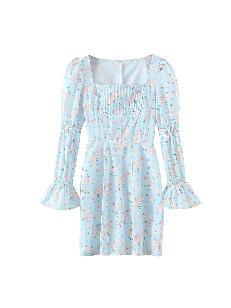 

Women Vintage Flare Sleeve Blue Dress Spring Autumn Square Collar Elastic Slim Floral Print Dresses 2022