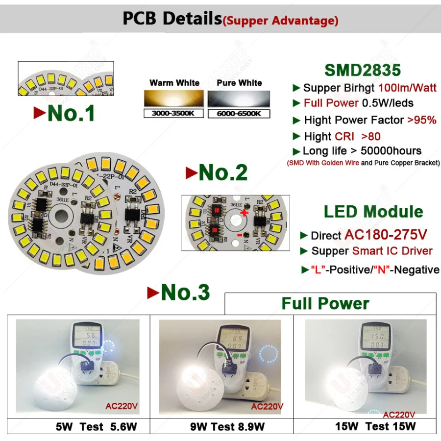 Фото 5 шт. 3/5/7/9/12/15/18 Вт AC220V светодиодные платы PCB без драйвера с интегрированной микросхемой SMD для прожекторов и трековых светильников №2