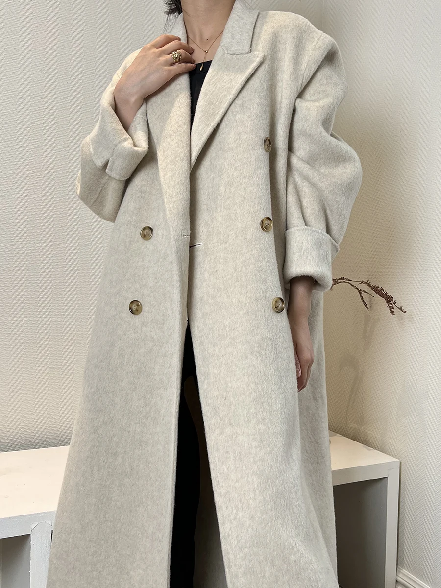 

Женское шерстяное пальто, повседневное свободное двубортное кашемировое пальто в Корейском стиле, длинное шерстяное пальто, зима 2022