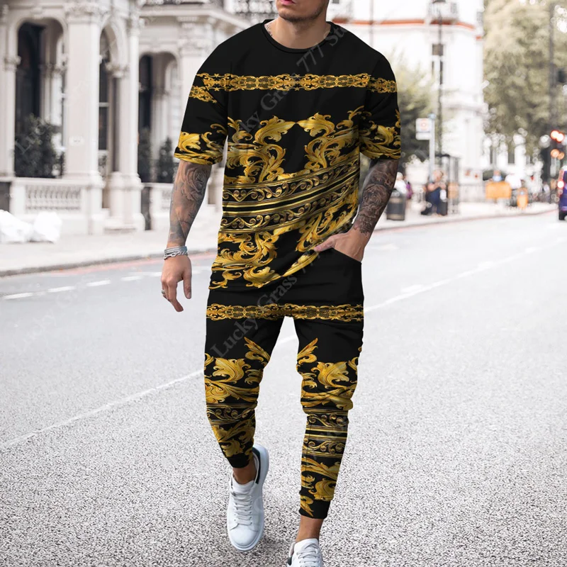 High-Quality Summer Men's Sportswear Short-Sleeved T-Shirt + Trousers Two-Piece 3D Printing Fashion Casual Large Men Tracksuit