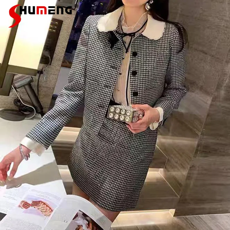 

2022 Autumn Ashion Plaid Beaded Sequins Doll Collar crop Jackets Long Sleeve Wool Coat with Short Skirt Suit Women 2 Pieces Set