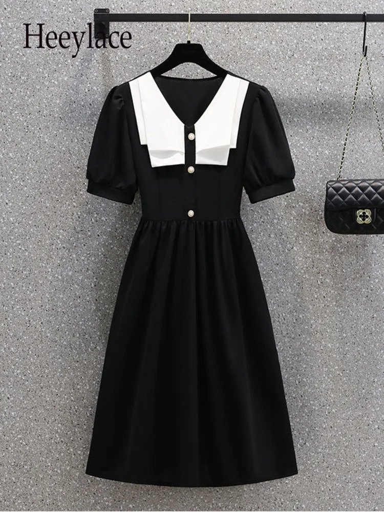 

Summer Dress Women French Vintage Temperament Short Sleeve V-neck Silm Dresses Office Ladies Elegant High Waist A-line Vestidos