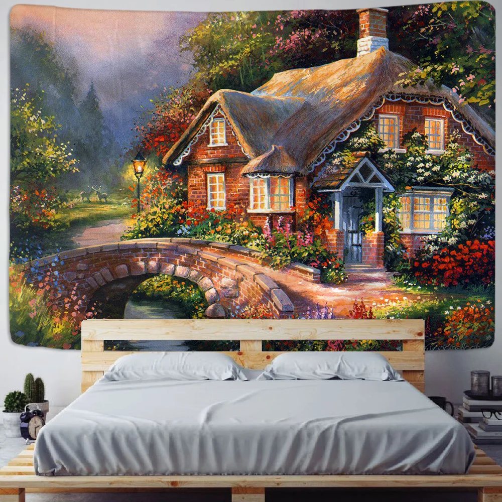 

Fairy Tale Cottage Forest Tapestry Wall Hanging Bohemia Art Print Tapestry Room Home Decoration Hippie Pattern
