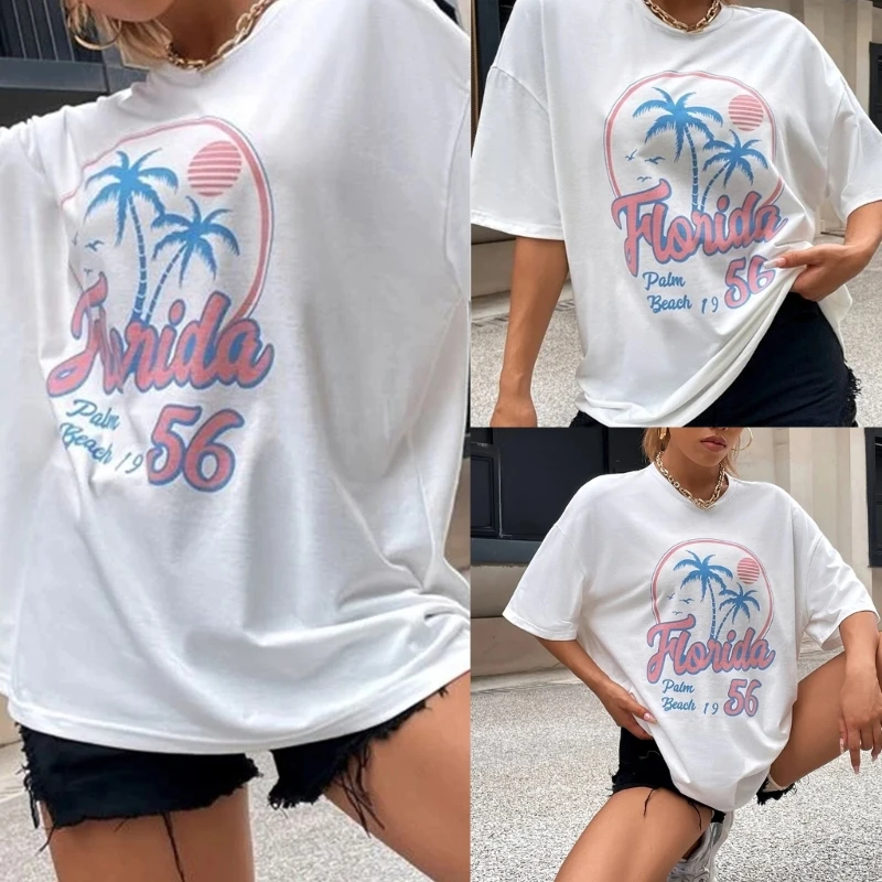 

Hot Girls Women T-shirt Coconut Tree&Letter Print Short Sleeve Shirt Streetwear 10CD
