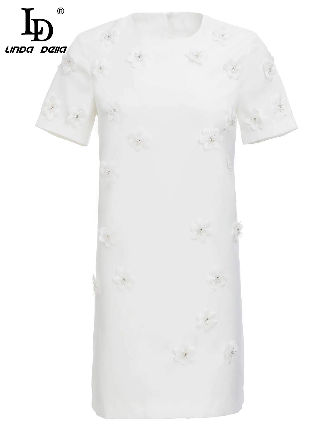 

LD LINDA DELLA Fashion Runway Summer Casual Dress Women's Short sleeve Floral Beading Applique Loose Elegant White Mini Dress