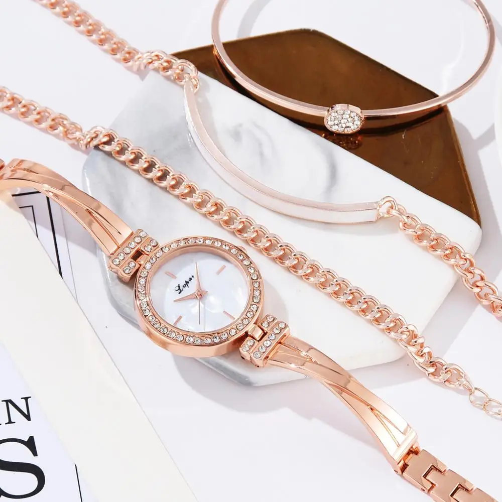 Fashion 4pcs Set Women Watches Luxury Buckle Flower Rhinestone Watch Ladies Quartz Wrist Watch Bracelet Set Reloj Mujer