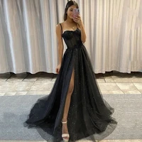 jeheth sparkling black tulle prom gown sexy spaghetti strap high split sweetheart applique evening party dress robe de soir%c3%a9e