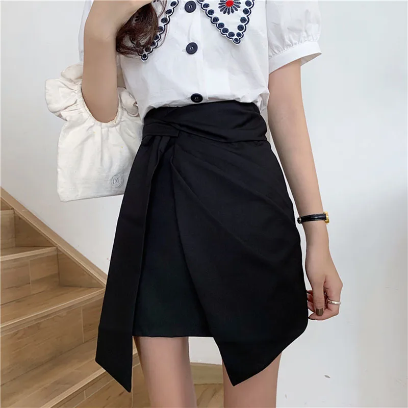 

Женская плиссированная юбка в клетку, черная или серая винтажная мини-юбка с завышенной талией и узлом, лето 2021