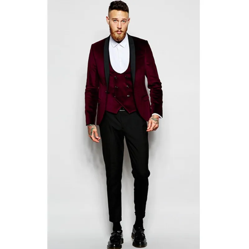 

Latest Coat Pant Designs Burgundy Velvet Prom Men Suit Slim Fit Groomsmen Tuxedos Blazers Groom Party Suits (Jacket+Pants+Vest)