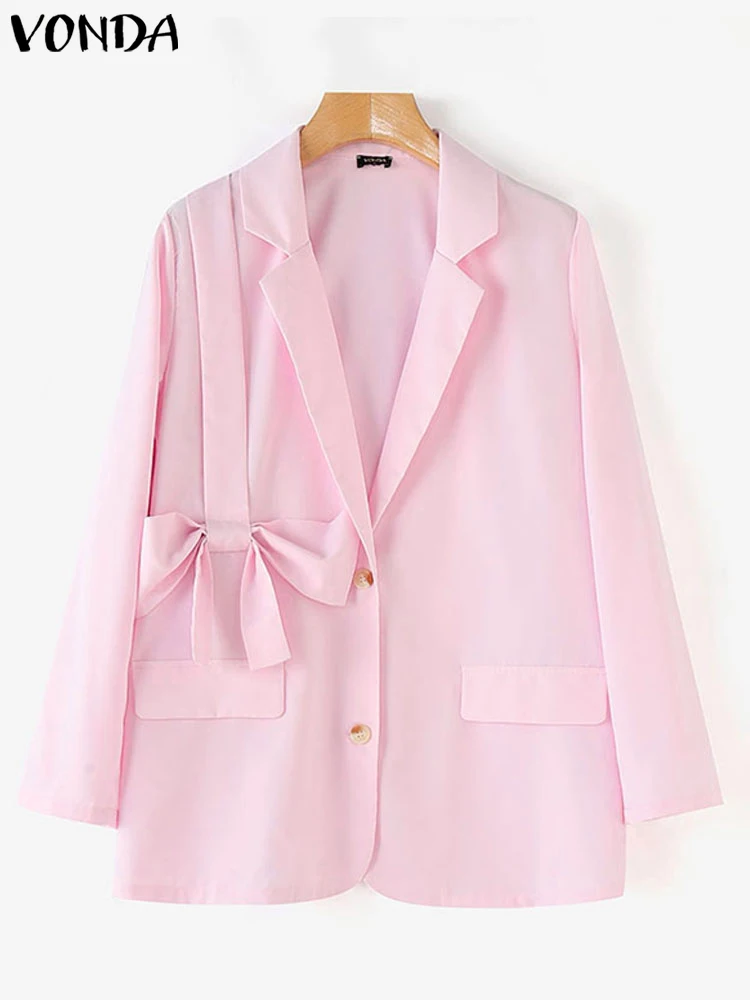 VONDA осеннее модное пальто с отложным воротником и бантом повседневный пиджак