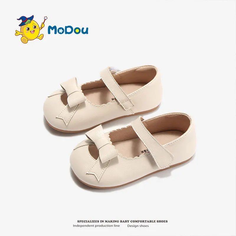 

Mo Dou Girl's Genuine Leather Shoes Soft Sole Princess Korean Style Non-slip Breathable Sweet Bowknot Hook and Loop Mary Jane