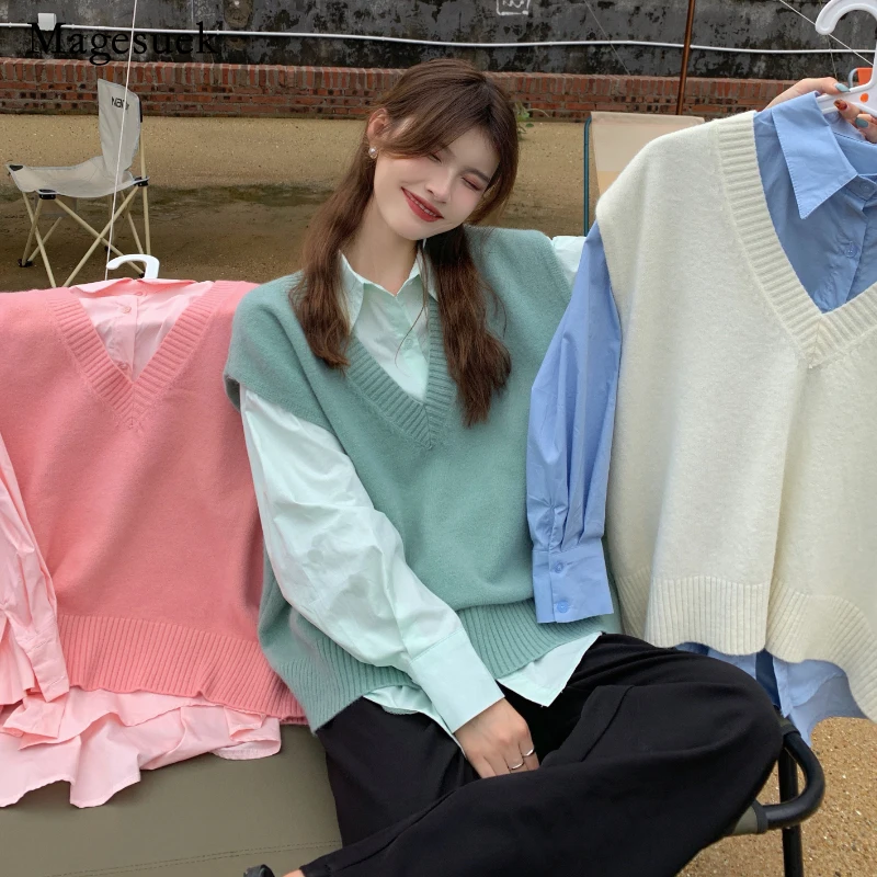 

Осень 2022 Новинка корейский свитер с V-образным вырезом Женский литературный Свободный вязаный жилет без рукавов однотонный жилет женская о...