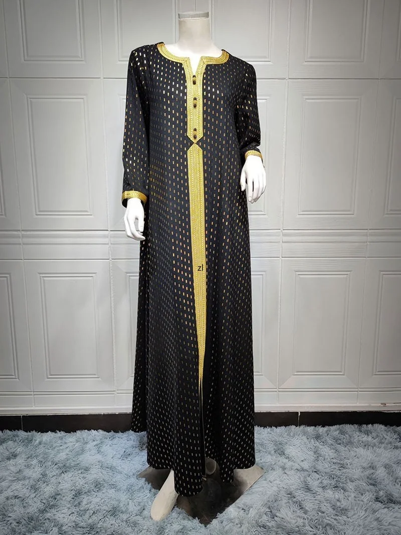 Gold Printed Kaftan Arabic Long Dress Elegant Moroccan Muslim Modest Caftan Women Islam Saudi Gulf Black Jalabiya Ramadan Abaya