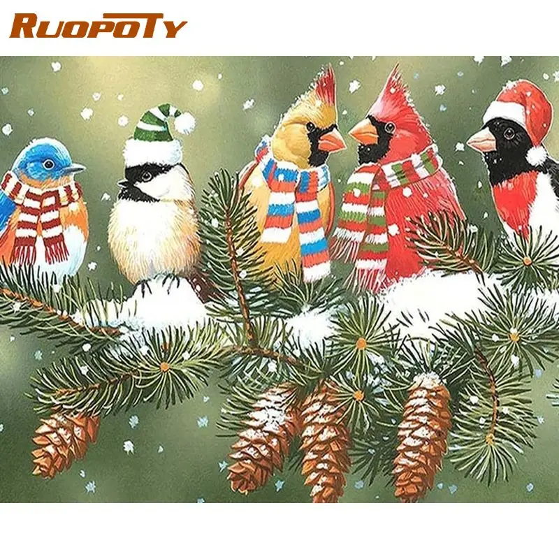

RUOPOTY Diy Diamond Painting With Frame Birds In Snow Full Round Square Mosaic Painting Cross Stitch Crafts For Adults Gift