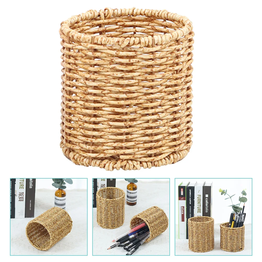 

Holder Pen Organizer Cup Rattanpencil Brush Desk Wicker Desktop Utensil Makeup Office Potstorage Woven Cups Cutlery Basket Table