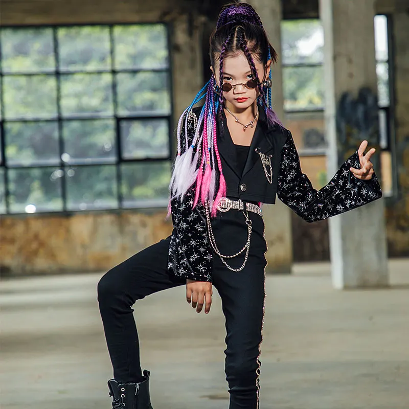 

Детские джазовые танцевальные костюмы, Черная куртка с длинным рукавом, Детский костюм в стиле хип-хоп с блестками, одежда для уличных танце...