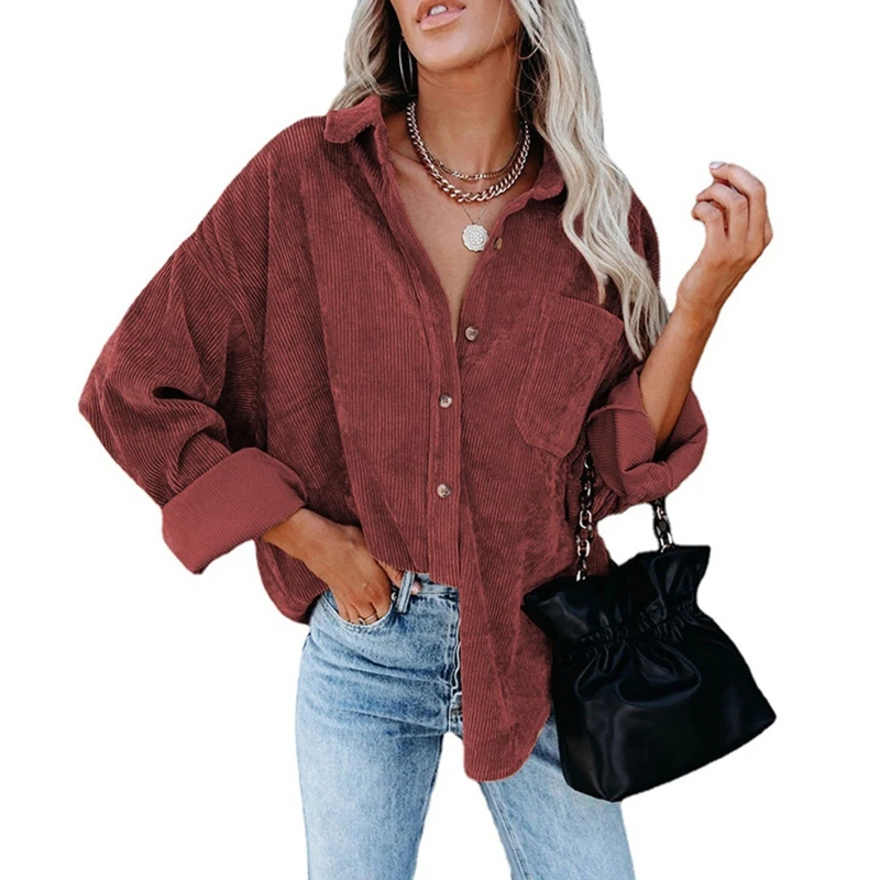 

Women's Corduroy Blouse Tops Loose Button Down Shirt Long Sleeves Casual Shirts