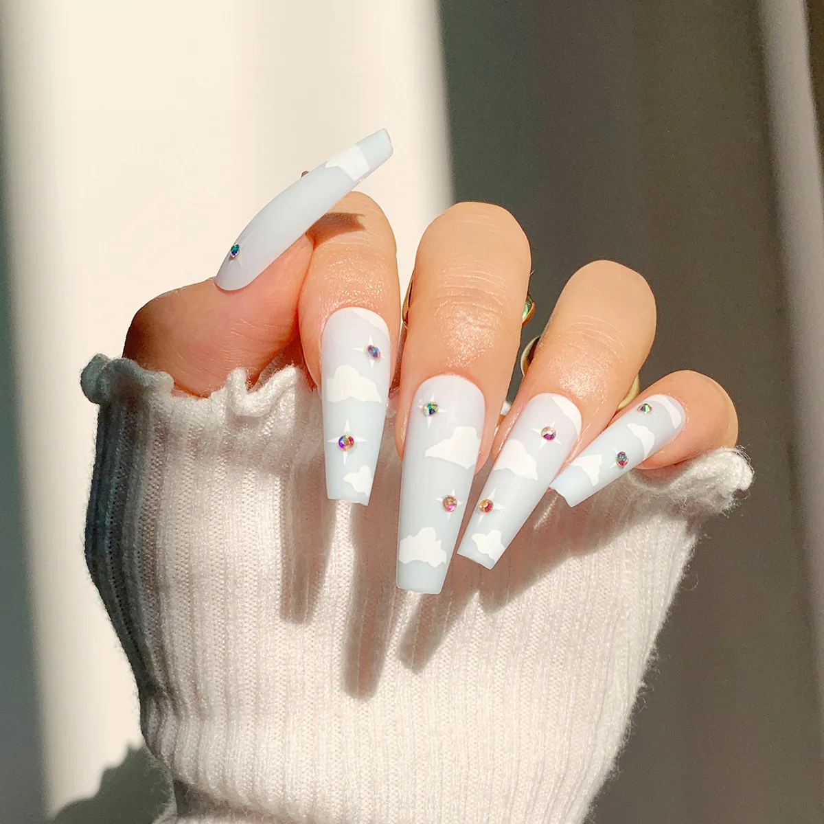 

Long Fake Nails Cloud Wearable Detachable Coffin Tips Press On Nail Ballerina Nail Art T-Shape Full Cover Manicure 24PCS