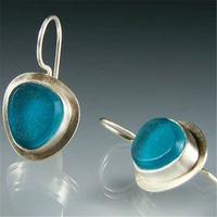 vintage silver color earrings for women fashion metal inlaid blue stone hook shape ladys party earring statement jewelry