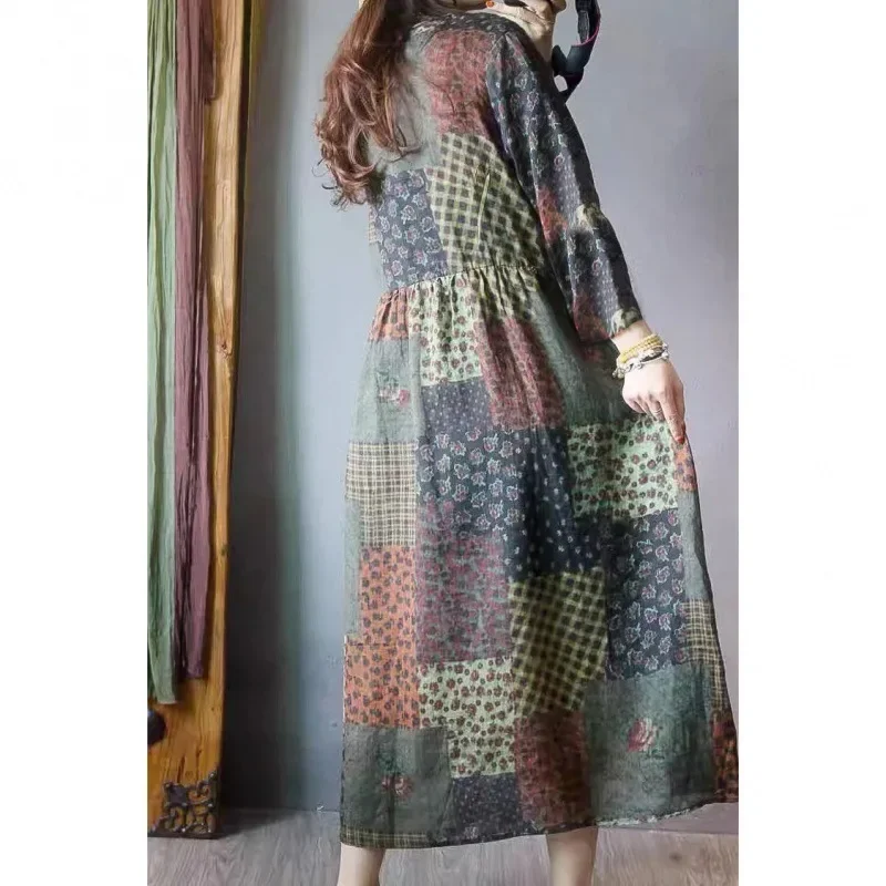 2024 Vintage Ethnic Style Cotton Linen Medium-Length Dress Women's Autumn Long Sleeve Loose-Fit Slimming Stylish