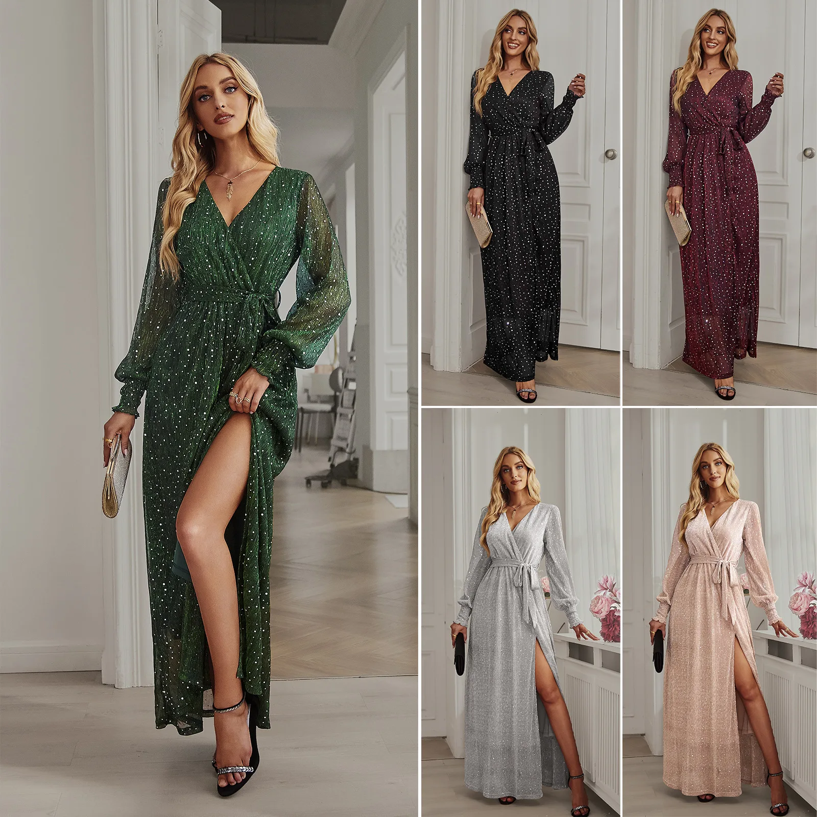 Women's Formal Dress 2023 New in Sequins Sexy V-neck Split Long Sleeve with Belt Gown Female Elegant Evening Party Long Dress