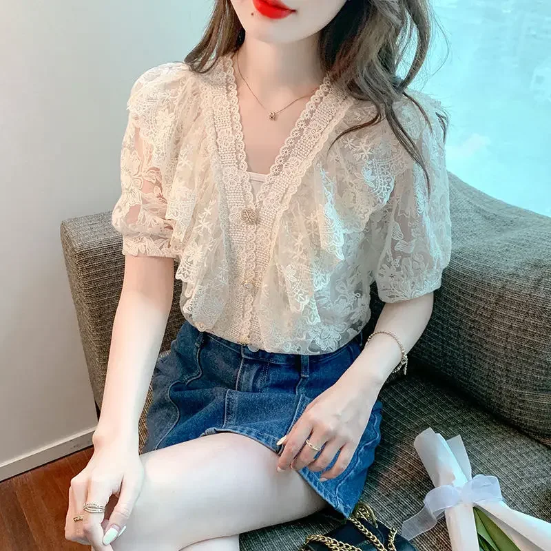 Лето 2023 кружевная блузка во французском корейском стиле топ в светском на