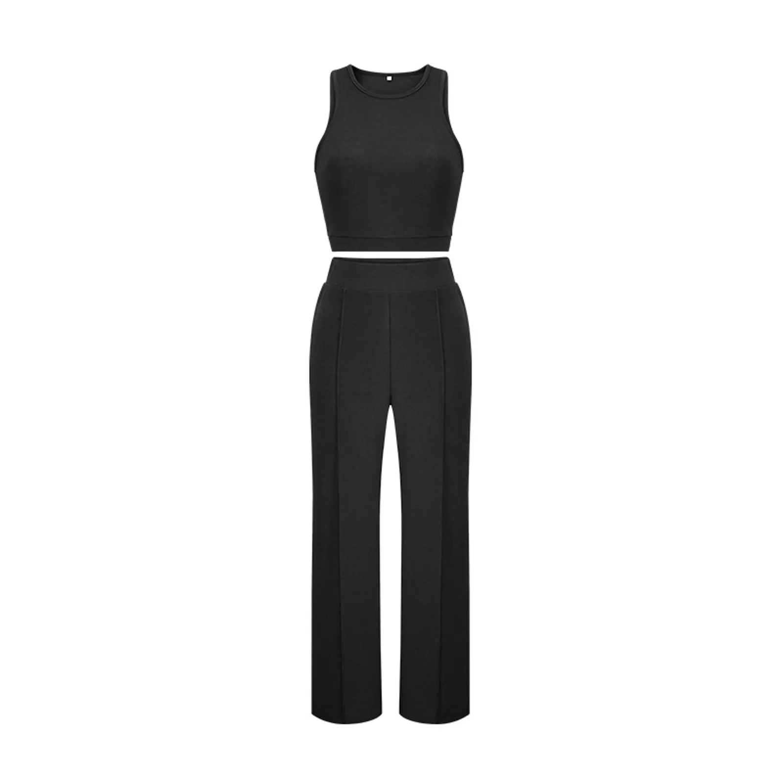 Women's Summer 2 Piece Outfits Round Neck Crop Basic Top Cropped Wide Leg Pants Set Fashion Solid Elegant Pant Suits For Women 4