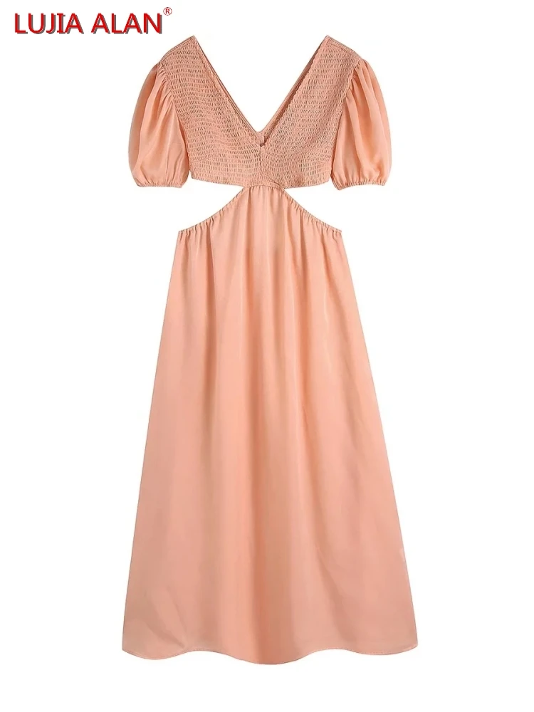 

Women Elastic Bust Sexy Backless Dress Summer Female V-Neck Puff Sleeve Midi Vestidos LUJIA ALAN D9568