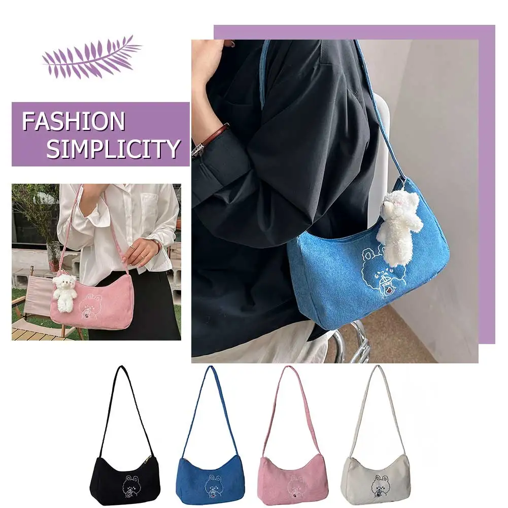 

Women Underarm Bag Solid Color Corduroy Casual Shoulder Bags Zipper Cute Tote Girls Fashion Handbags Female Clutch Shopping Bag