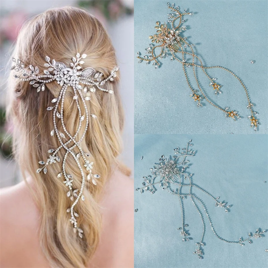 

Efily Long Tassel Chain Rhinestone Crystal Hair Comb Wedding Hair Accessories Women Tiara Hairband Bride Hair Jewelry Headpiece