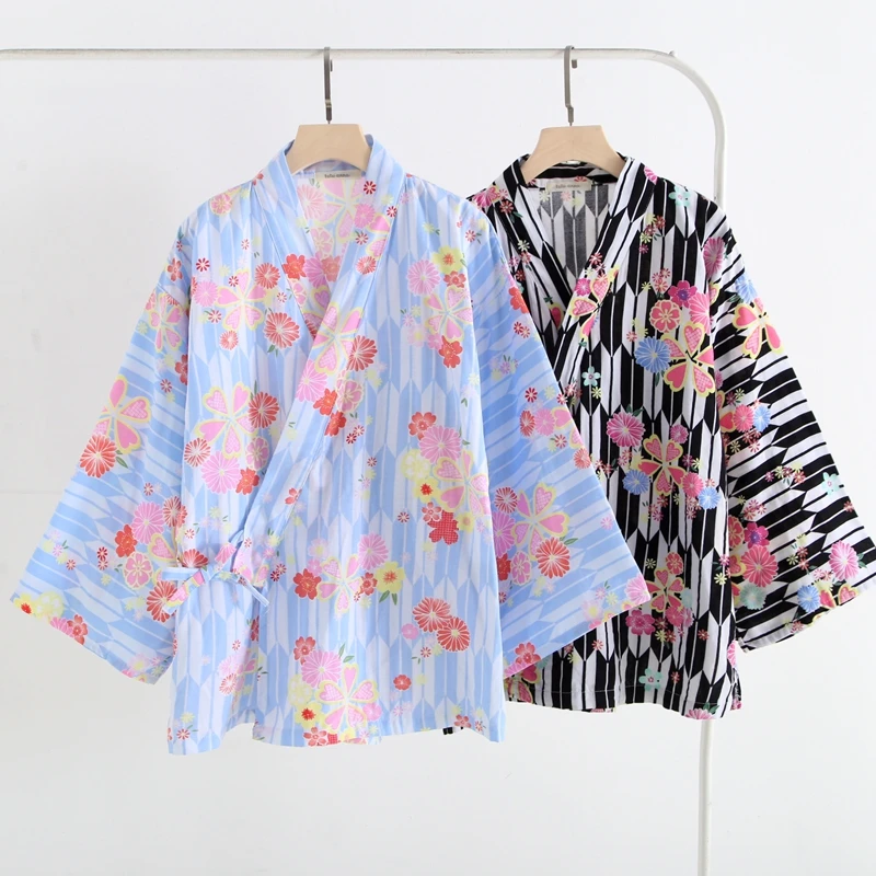 

Japanese Style Harajuku Haori Kimono Woman100% Cotton Gauze Kawaii Print Cardigan V Neck Batwing Sleeves Home Cover-ups Clothes