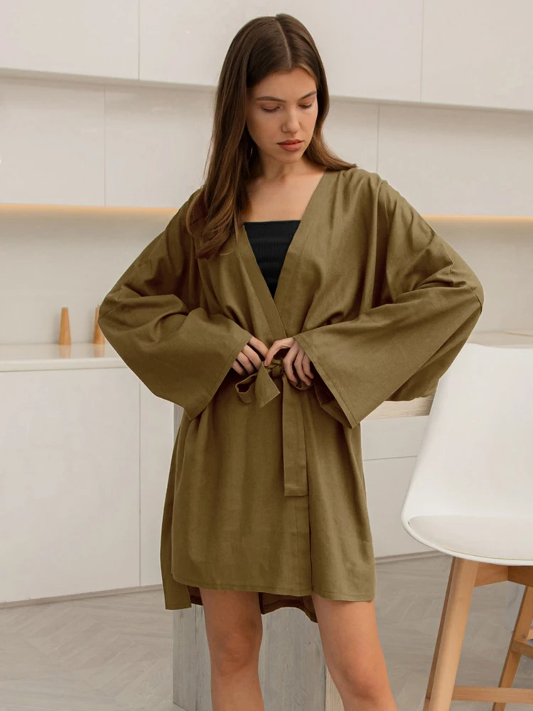 

Linad Summer Bathrobe Female Casual Green Long Sleeve Robes For Women Loose Home Robe With Sashes Solid Elegant Nightwear 2022