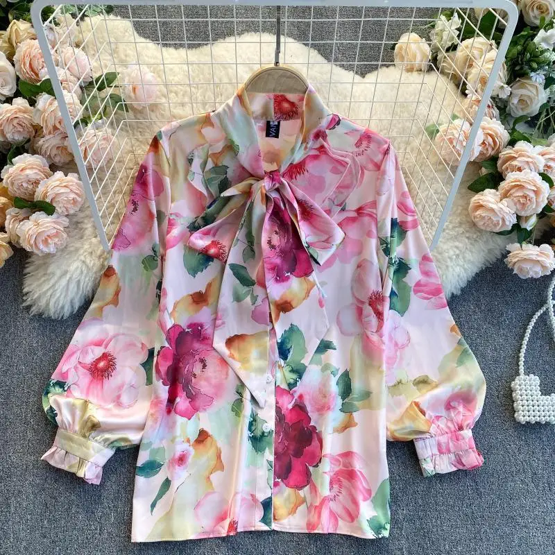 

Spring Autumn Flower Print Loose Women's Blouse Ruffles Bow Tie Puff Collar Sleeves All-Match Ladies Shirt Tops Basic Fashion