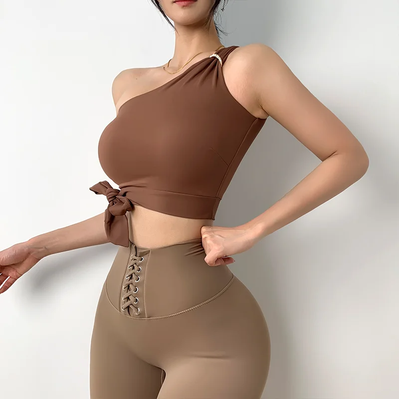 MITAOGIRL Sexy Irregular Diagonal Shoulder with Chest Pad Sports Vest for Women Beautiful Back Fitness Running Tops Yoga Vest