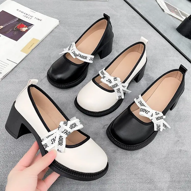 

Women's Pumps Retro Single Shoes Women's 2022 Spring and Summer New Bow Thick Heel Small Leather Shoes Mary Jane Platform Heels