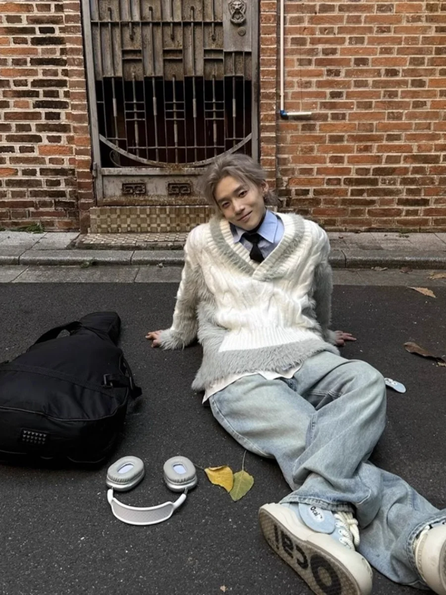 American vintage Mink Velvet Sweater Men's and Women's Autumn Idle Sle High Sense Knit V-neck Mohair Outerwear Tide