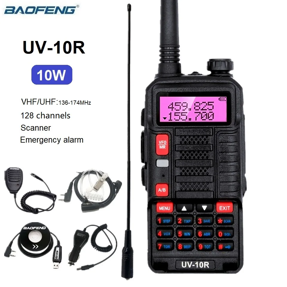 Baofeng Walkie Talkie 10W UV-10R Black Color Long Range Amateur Radio Transceiver VHF UHF Dual Band Ham Radio Station for Truck